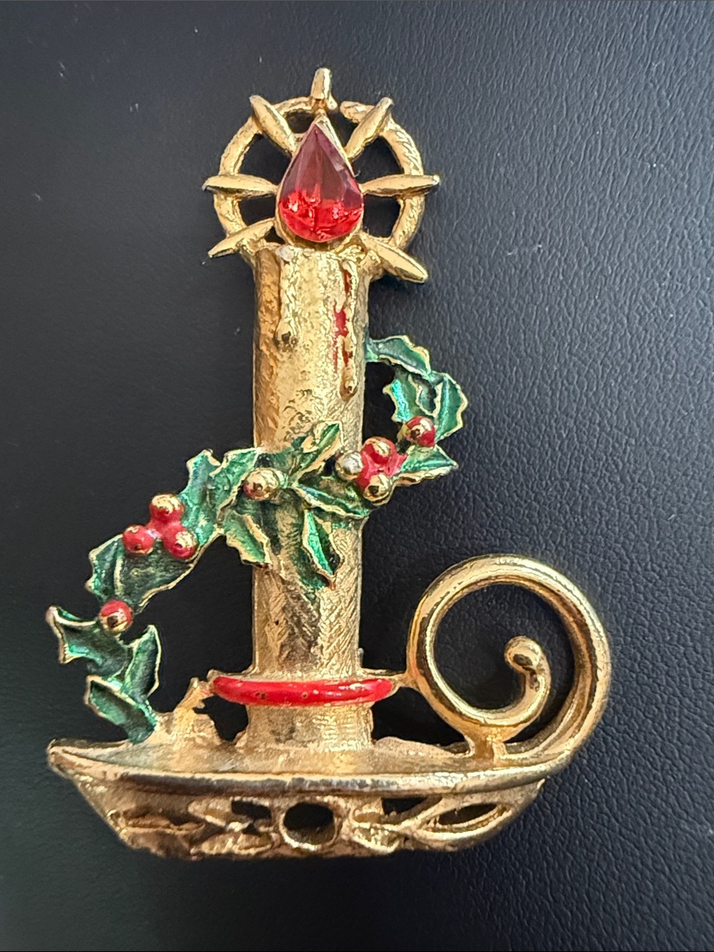 Vintage Christmas Holiday Candlestick Red Flame Gold tone Brooch Pin